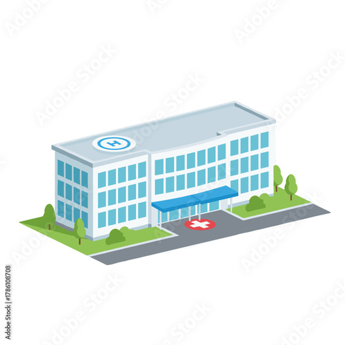 Modern Flat Hospital Building With Blue And Grey Tones And Helipad On Top Isolated On Black Background