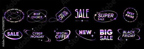 Glowing holographic sale badges set with promo text. Iridescent Promo Labels for digital marketing, online store banners, commerce ads, seasonal promotions, social media campaigns. Vector illustration