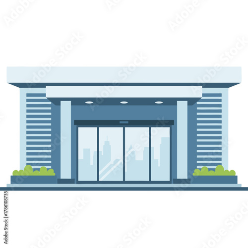 Modern Flat Isometric Emergency Center Building with Clean Edges and Glass Doors Reflecting Cityscape in Blue and White Tones