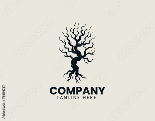 Barren twisted tree silhouette vector logo illustration with intricate roots and winding branches. Nature and strength concept