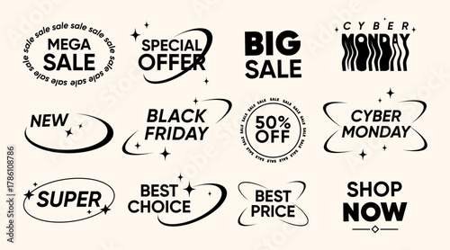 Minmalist sale badges set with text for Black Friday, Cyber ​​Monday, special offers, mega sales, promo, for e-commerce, digital marketing, web ads, social media, seasonal shopping campaigns. Vector