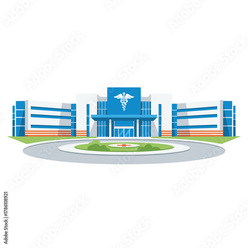 Modern Flat Vector Hospital Building With Solar Panels On Roof Green And White Palette Minimalist Design