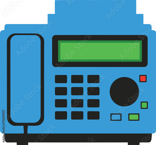 Blue fax machine with green screen and keypad technology communication