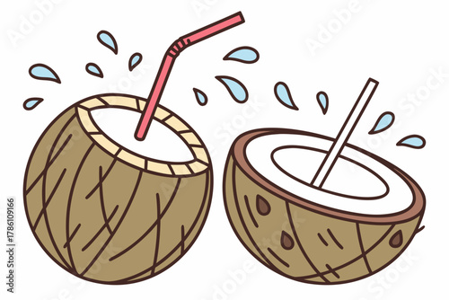Two cartoon coconuts with straws and water droplets