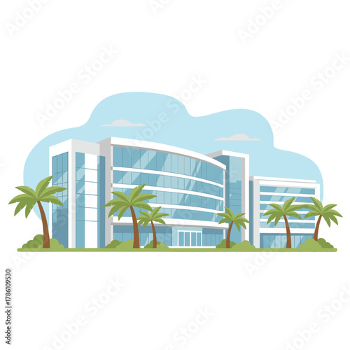 Modern Hospital Building Facade With Glass Windows Palm Trees and Entrance Ramp Under A Cloudy Blue Sky Vector Illustration