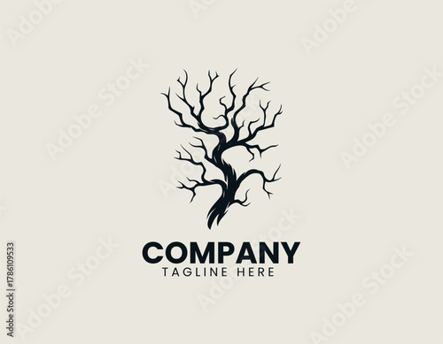 Barren twisted tree silhouette vector logo illustration with intricate roots and winding branches. Nature and strength concept