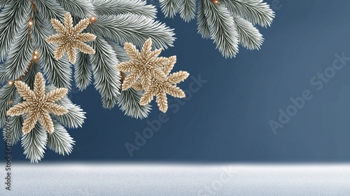 Frosted pine branches with star ornaments against a blue background  