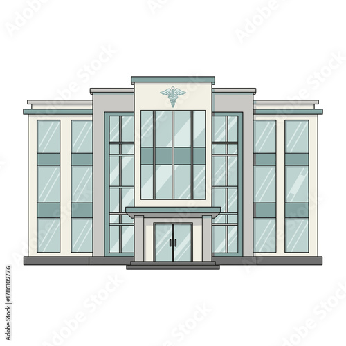 Modern Hospital Entrance Architectural Vector With Circular Driveway And Glass Facade Featuring Clean Lines And Geometric Shapes