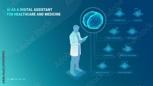 AI Digital Assistant for Healthcare and Medical concept - isometric technology vector infographics - a doctor with tablet connected to AI-powered assistant that helps with patient diagnosis, treatment