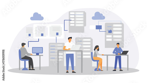 Diverse team of professionals collaborating on laptops and computers in a modern office setting with cloud data storage