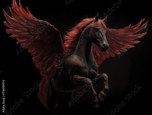 a beautiful dark angel horse with red long mane in dynamic movement and flames at the end