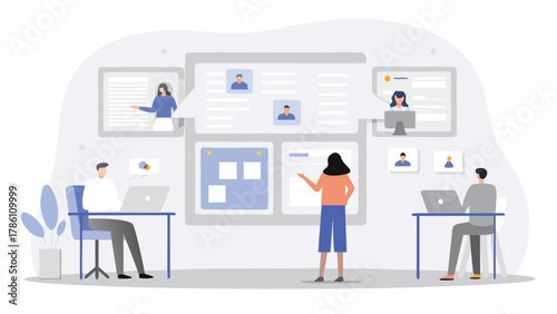 Diverse team collaborating on a digital project using laptops and a large interactive display board with employee profiles and data visualizations