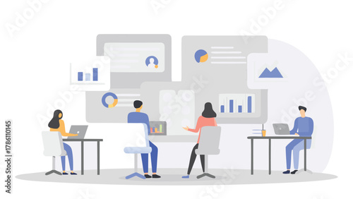 Diverse team collaborating in modern office space analyzing charts and data on screens and laptops