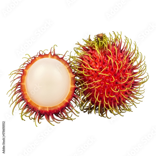 A sliced rambutan fruit isolated on transparent background shows its white flesh