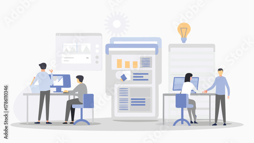 Diverse team collaborating on data analysis and project management with charts and graphs on screens