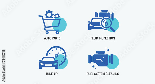 Vector illustration of set of four car service icons including auto parts, fluid inspection, tuneup, and fuel system cleaning