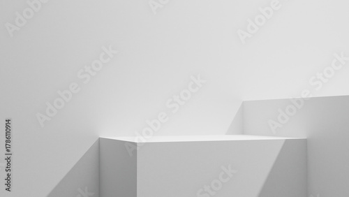 White table copy space mock up abstract background with soft sunlight and shadows, white advertisement design mock up empty copy space. Gray wall and podium background for presentations wallpaper