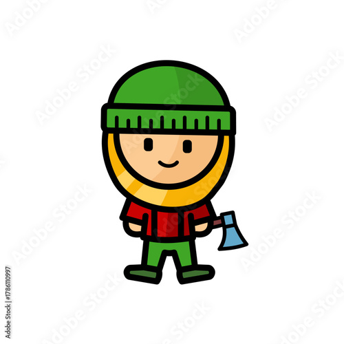 Cute lumberjack character holding an axe 