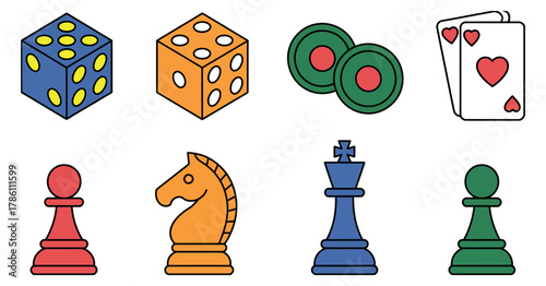 Colorful Icons of Dice, Cards, and Chess Pieces for Board Games