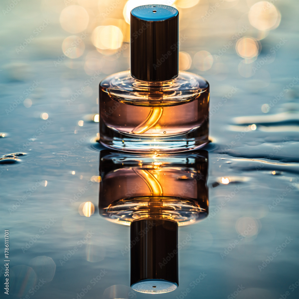 Obraz premium Luxury Perfume Bottle Mockup on Wet Surface with Bokeh Lights