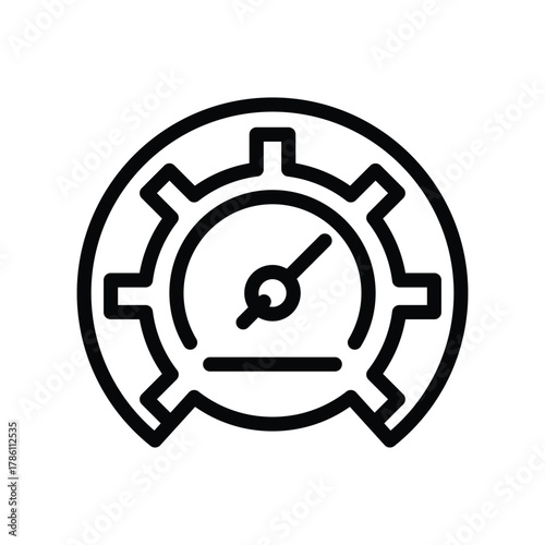 Black  white icon of a gauge inside a gear semicircle arch above