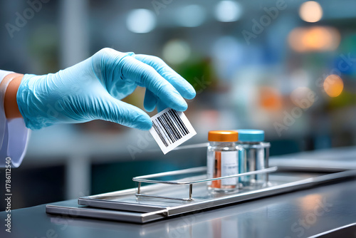 Medical professional in blue gloves holds a barcode label above a tray with glass vials and colorful caps, showcasing pharmaceutical inventory management and safety protocols