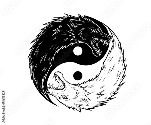 A striking black and white illustration portrays a Yin-Yang symbol formed by two snarling wolves, representing a fierce balance of opposing forces
