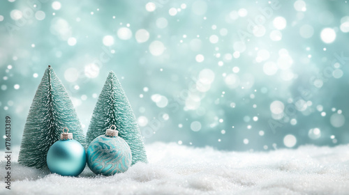 Christmas decorations with teal ornaments and snow-covered trees  