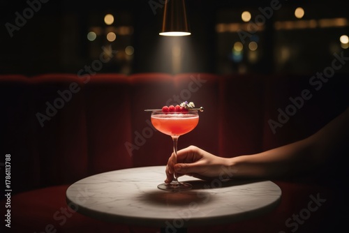 Hand holding elegant red cocktail in coupe glass on marble table under spotlight in dimly lit bar, creating cinematic and sophisticated atmosphere