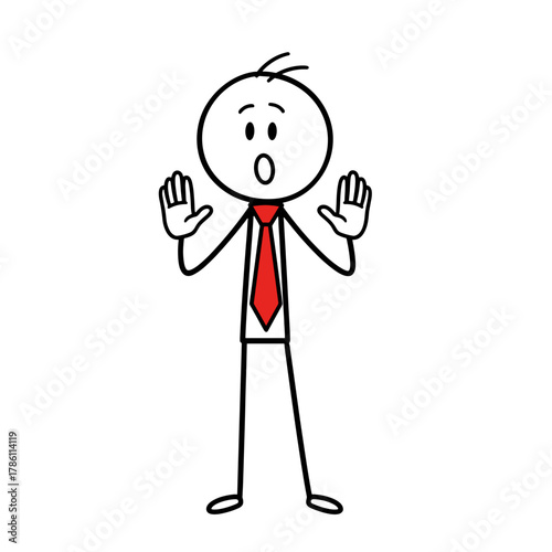 Stick figure man surprised with hands up wearing a red tie  