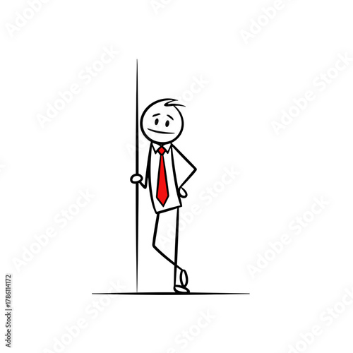 Stick figure man leaning against wall in business attire with smile  