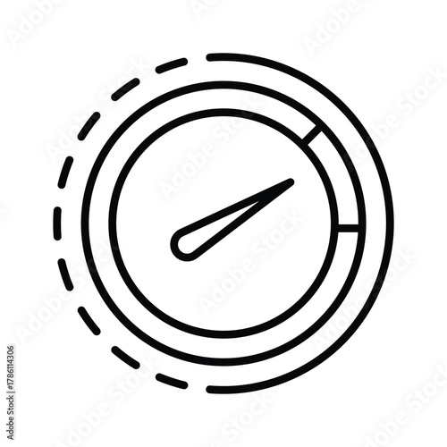Outline of a gauge with a pointer indicating a reading between 1 and 2 oclock surrounded by two concentric circles