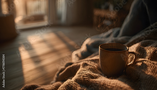 Young man meditating with coffee mug in bedroom - peaceful morning ritual
