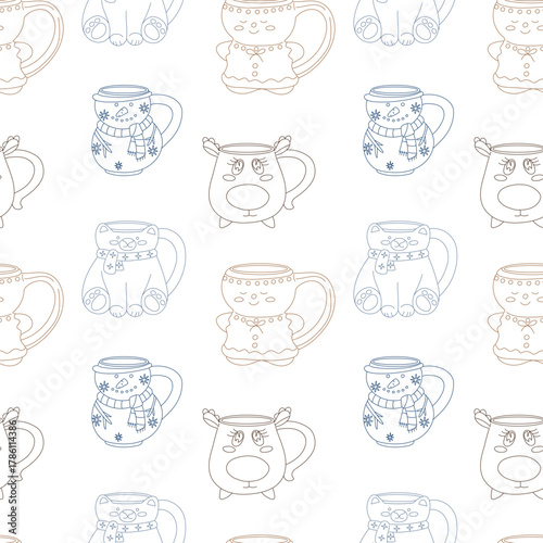Doodle pattern of Christmas mugs with cute characters. Gingerbread man, snowman, polar bear, deer, mugs with handle. Seamless texture for festive Christmas themes, textile prints, seasonal designs
