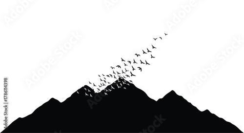 Flock of birds takes flight from silhouetted mountain peaks against a clear sky