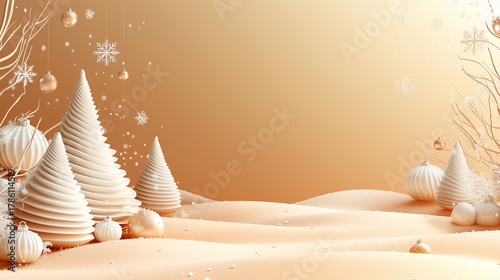 Warm peach gradient background with decorative snow-covered trees  