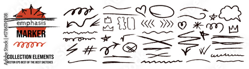 Brush swoosh strokes with check marks and asterisk arrow star cross crown emphasis lines.