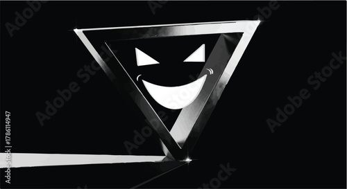 A metallic triangle with a glowing, sinister smiley face casts a stark shadow, evoking a sense of digital danger.