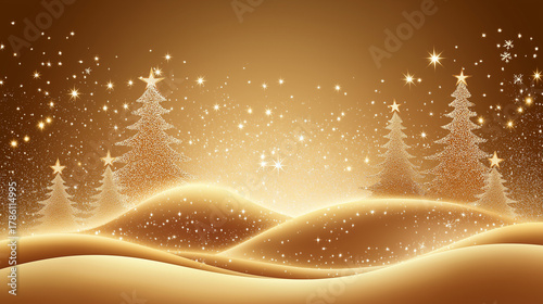 Winter landscape with golden hills and Christmas trees in snowfall  