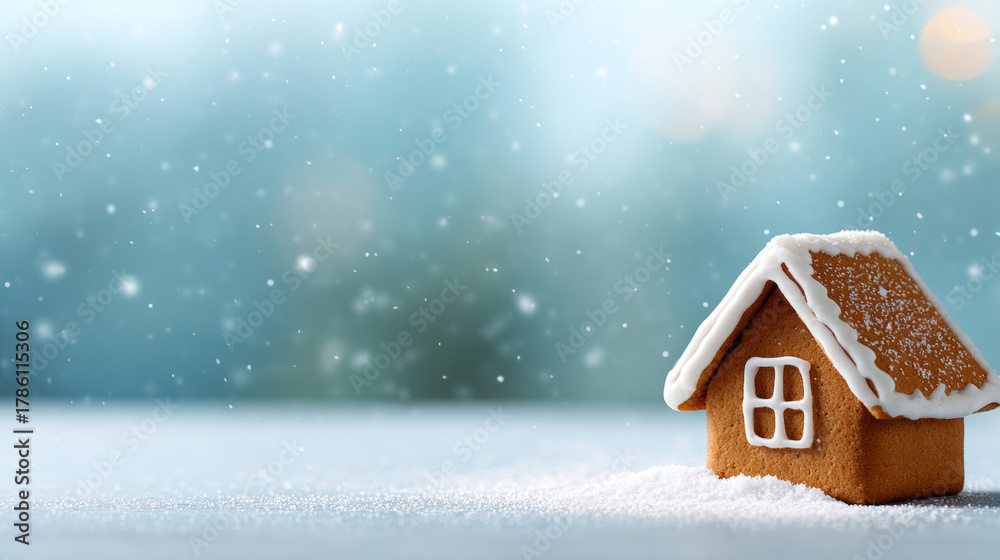 Naklejka premium Small gingerbread house with white icing on snowy surface with falling snowflakes and blurred winter background