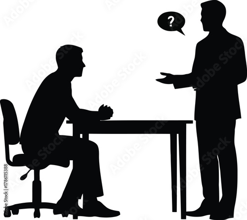 Silhouette of two men in a meeting with a question mark.