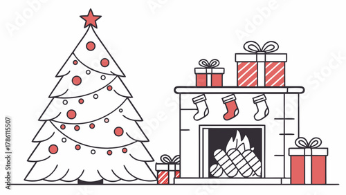 Festive christmas scene with a decorated tree cozy fireplace with stockings and gifts perfect for holiday celebrations