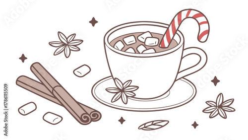 Cozy winter hot chocolate with marshmallows and candy cane surrounded by cinnamon sticks and star anise spices