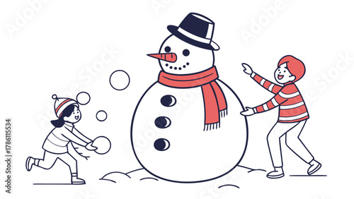 Joyful children in winter clothing build a snowman and throw snowballs on a white background celebrating the season