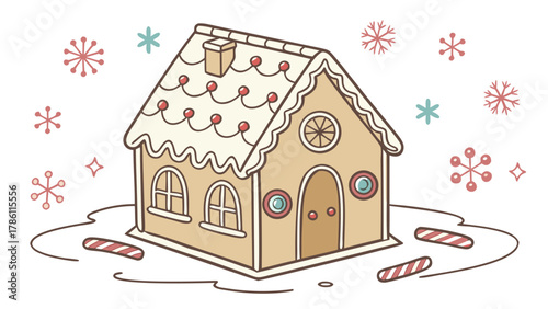Charming cartoon gingerbread house decorated with icing and candies surrounded by festive snowflakes and candy canes in a winter wonderland setting