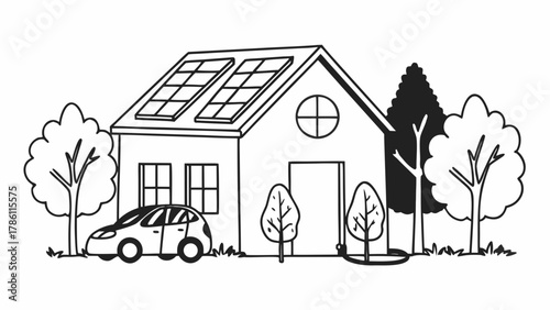 Illustration of a sustainable home with solar panels on the roof and an electric car parked in front of the house
