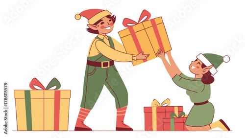 Two cheerful cartoon elves in festive attire exchanging a large wrapped gift box surrounded by other presents during the holiday season