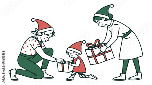 Family in santa hats giving and receiving christmas presents together on a white background