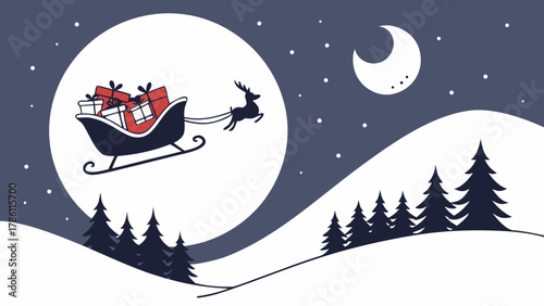 Santa claus flying in his sleigh pulled by a reindeer across a snowy landscape under a large moon and crescent moon