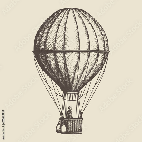 Elegant hand-drawn vector of a vintage hot air balloon with fine details, perfect for travel posters, adventure designs, or steampunk themes.